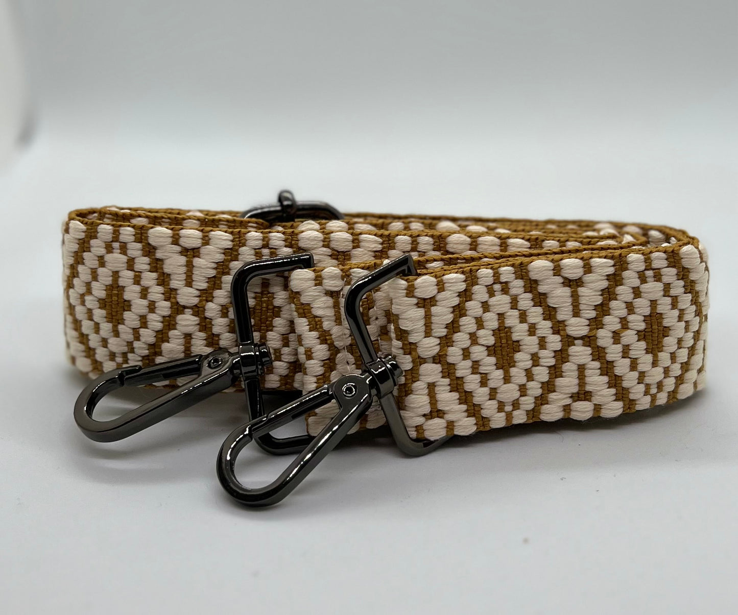 Golden wheat and white woven diamond strap with gun metal hardware
