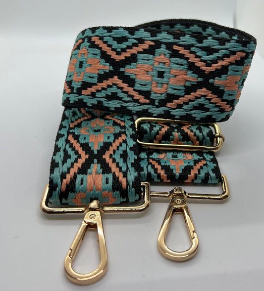 Black/salmon pink/turquoise Boheme woven strap