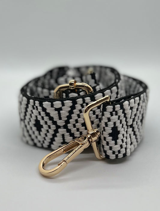 Black and White woven diamond strap with gold hardware