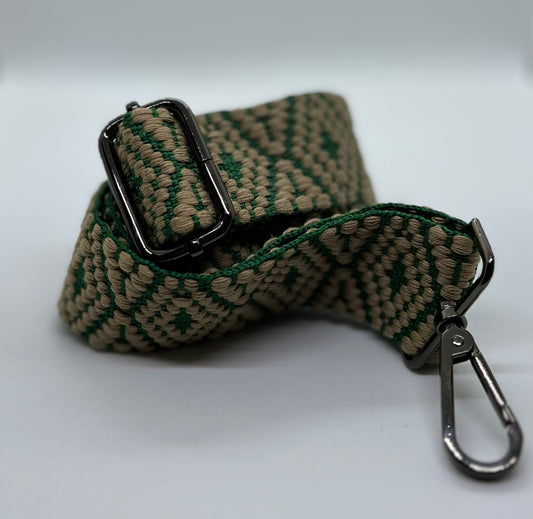 Green and taupe woven diamond strap with gun metal hardware