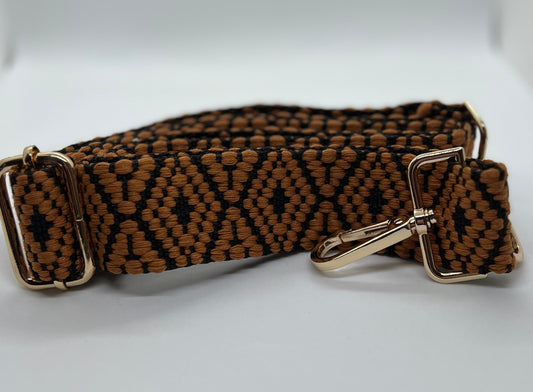 Saddle brown and black woven diamond strap with gold hardware
